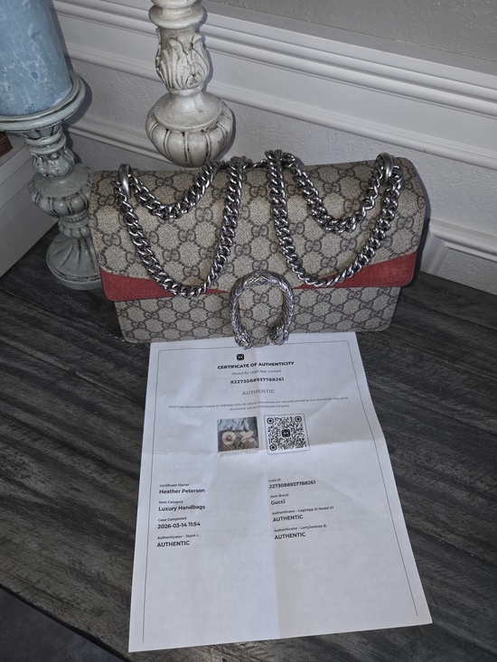Gucci Handbags - Gucci Beige GG Supreme Dionysus Med Shoulder Bag with Red Trim and Silver Chain